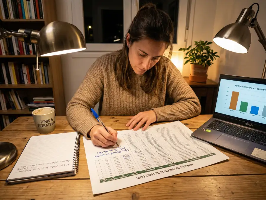 Persona analizando estadísticas de partidos de tenis en una hoja de datos con anotaciones sobre superficie y rendimiento