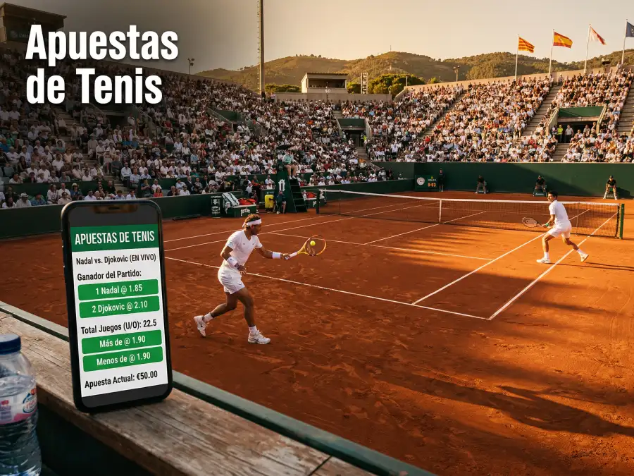 Pista de tenis vista desde arriba con interfaz de cuotas superpuesta en pantalla de apuestas deportivas